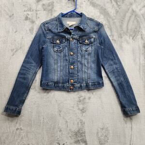 &Jacket Denim Jacket Womens‎ 8 Blue Long Sleeve Crop Pleated Embroidered Preppy